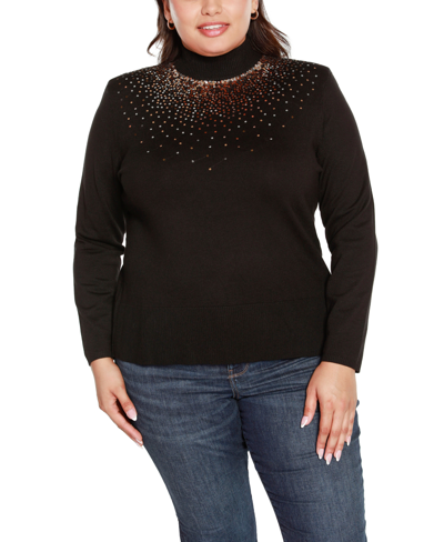 Belldini Plus Size Sequin Embellished Mock Neck Sweater In Black