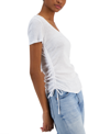 Derek Heart Juniors' Side-ruched Short-sleeve Burnout T-shirt In Vivid White