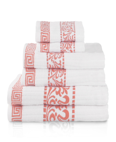 Superior Athens Cotton With Greek Scroll And Floral Pattern Assorted, 6 Piece Bath Towel Set In Coral