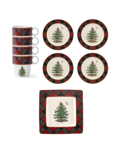 Spode Christmas Tree Tartan 9 Piece Hot Chocolate Set In Green