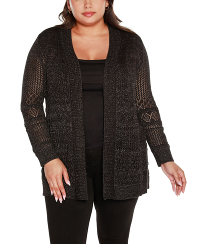 Belldini Plus Size Lurex Pointelle Open-front Cardigan Sweater In Black,silver