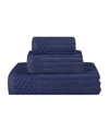 Superior Soho Checkered Border Cotton Ribbed Textured Ultra-absorbent Towel, 3 Piece Set In Navy Blue