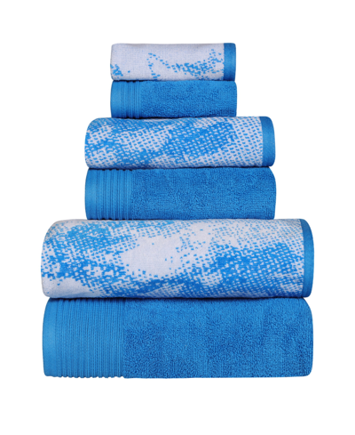 Superior Quick Drying Cotton Solid And Marble Effect 6 Piece Towel Set In Blue