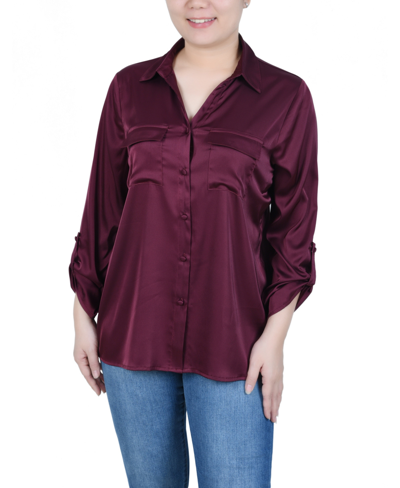 Ny Collection Women's 3/4 Sleeve Roll Tab Satin Blouse In Burgundy