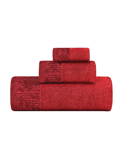 Superior Wisteria Floral Embroidered Jacquard Border Cotton 3 Piece Bath Towel Set In Garnet