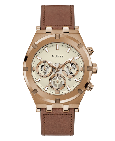 Guess Men's Multi-function Brown Genuine Leather Watch 44mm