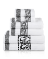 Superior Athens Cotton With Greek Scroll And Floral Pattern Assorted, 6 Piece Bath Towel Set In Black