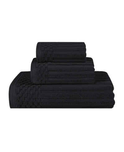 Superior Soho Checkered Border Cotton Ribbed Textured Ultra-absorbent Towel, 3 Piece Set In Black