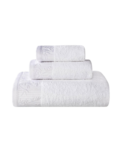 Superior Wisteria Cotton Floral Embroidered Jacquard Border Towel, 3 Piece Set In White-white