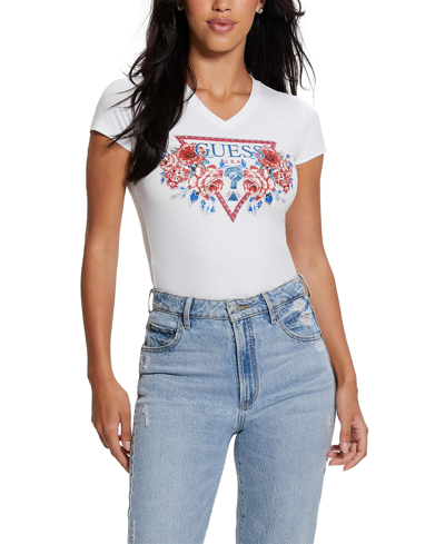 Guess Women's Embellished Logo V-neck T-shirt In Pure White