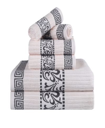 Superior Athens Cotton With Greek Scroll And Floral Pattern Assorted, 6 Piece Bath Towel Set In Ivory-chrome