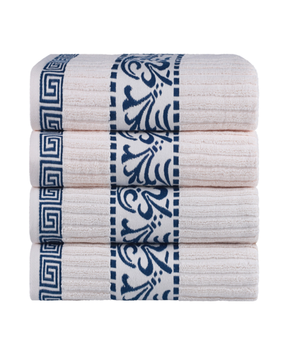 Superior Athens Cotton With Greek Scroll And Floral Pattern, 4 Piece Bath Towel Set In Ivory-navy