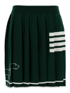 THOM BROWNE GREEN PLEATED MINI-SKIRT WITH DACHSHUND PRINT AND 4 BAR DETAIL IN WOOL WOMAN