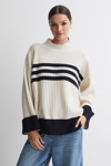 Reiss Misha - Cream/navy Ribbed Wool Funnel Neck Jumper, L