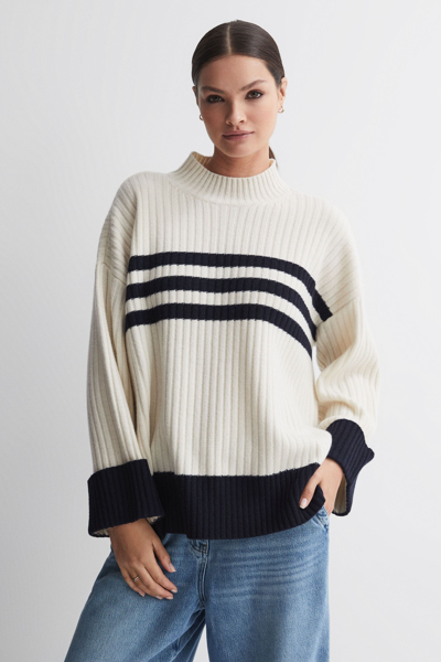 Reiss Misha - Cream/navy Ribbed Wool Funnel Neck Jumper, Xs