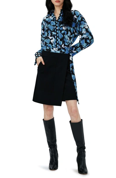 Diane Von Furstenberg Olia Long Sleeve Mixed Media Shirtdress In Petal/ M Dt Sr Sp/ Black