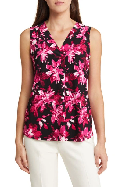 Anne Klein Floral Print Pleat Front Sleeveless Top In Amaranth Multi