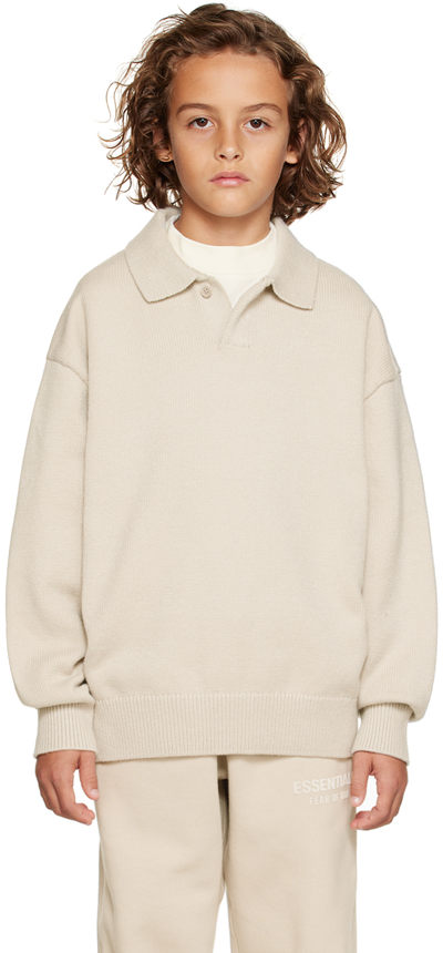 Essentials Kids Taupe Patch Long Sleeve Polo In Silver Cloud