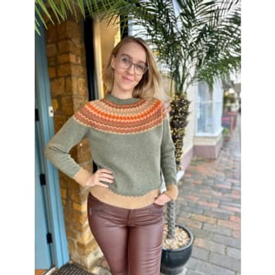 Nellie & Dove Superfine Lambswool Blizzard Fairisle Yolk Jumper Brown Sugar / Moss