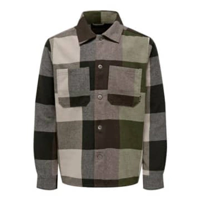 Only & Sons Balo Check Overshirt In Dusty Olive In Green