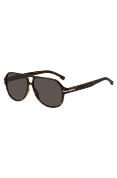 Hugo Boss Double-bridge Sunglasses In Havana Acetate With Signature Hardware Men's Eyewear In Black