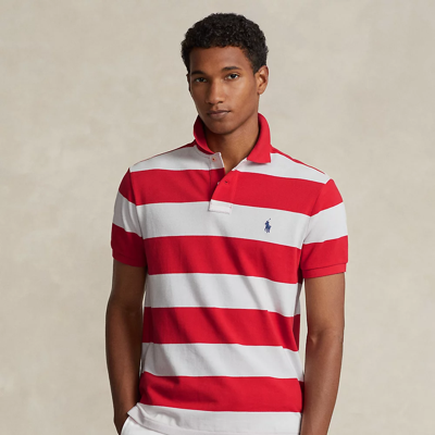 Ralph Lauren Custom Slim Fit Striped Mesh Polo Shirt In Post Red /white