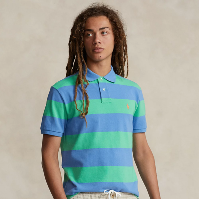 Ralph Lauren Custom Slim Fit Striped Mesh Polo Shirt In Course Green/summer Blue