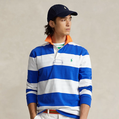 Ralph Lauren Classic Fit Striped Jersey Rugby Shirt In New Iris Blue/white