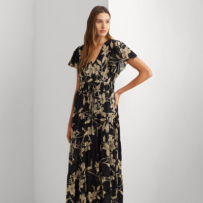 Lauren Petite Floral Cotton Voile Tiered Maxidress In Black/tan