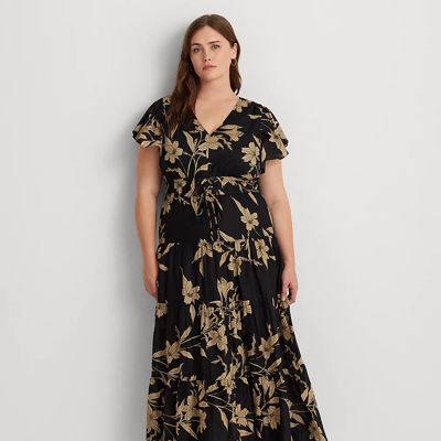 Lauren Woman Floral Cotton Voile Tiered Maxidress In Black/tan