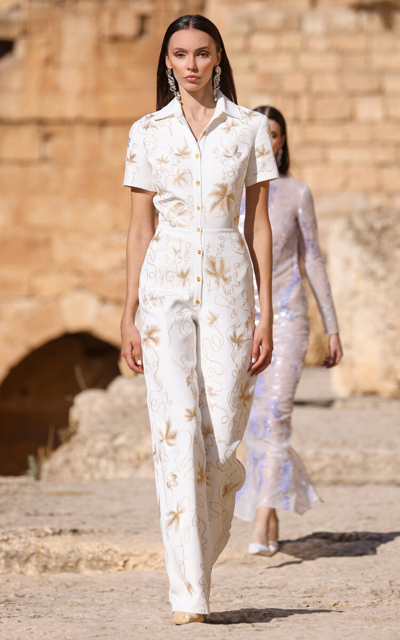 Georges Hobeika Embroidered Crepe Jumpsuit In White