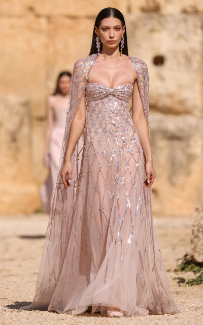Georges Hobeika Knotted Beaded Tulle Maxi Dress In Pink | ModeSens