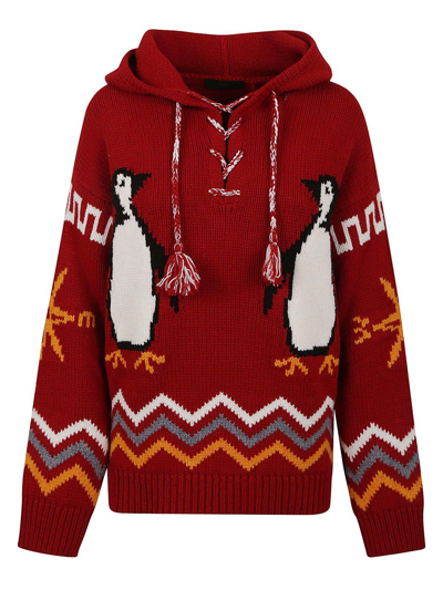 Alanui For The Love Of Penguins Virgin Wool Hoodie In Fire