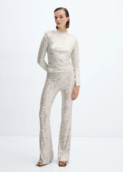 Mango T-shirt Sequins Col Montant In Ivory White