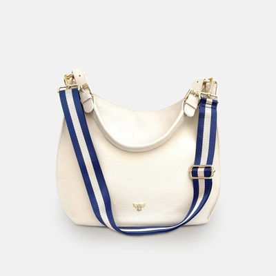 Apatchy London The Harriet Stone Leather Bag With Navy & Gold Stripe Strap In Blue