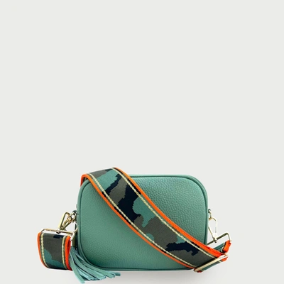 Apatchy London Pistachio Leather Crossbody Bag With Orange & Gold Stripe Camo Strap In Green