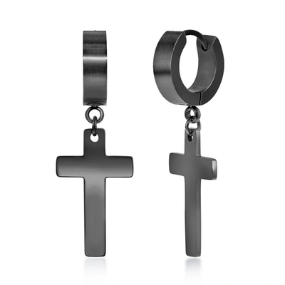 Blackjack Stainless Steel Cross Charm Huggie Drop Earrings In Black