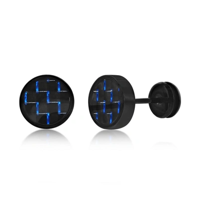 Blackjack Mens Stainless Steel 10mm W/ Blue Carbon Fiber Stud Earrings - Black Plated