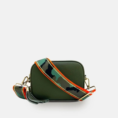 Apatchy London Olive Green Leather Crossbody Bag With Orange & Gold Stripe Camo Strap