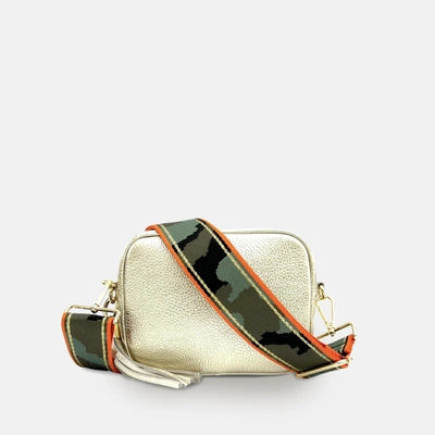 Apatchy London Gold Leather Crossbody Bag With Orange & Gold Stripe Camo Strap