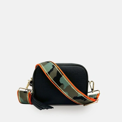 Apatchy London Black Leather Crossbody Bag With Orange & Gold Stripe Camo Strap