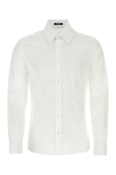 Balmain Man White Poplin Shirt In Blanc