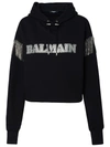 Balmain Cropped Hoodie With Rhinestone-studded Logo And Crystal Cupchains In Black