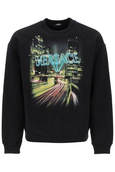 Versace Crew-neck Sweatshirt With City Lights Print Men In Black
