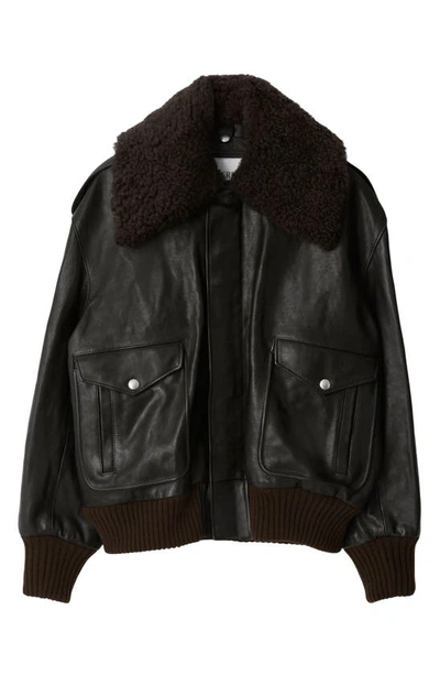 Burberry Straight-point Collar Leather Jacket In Otter