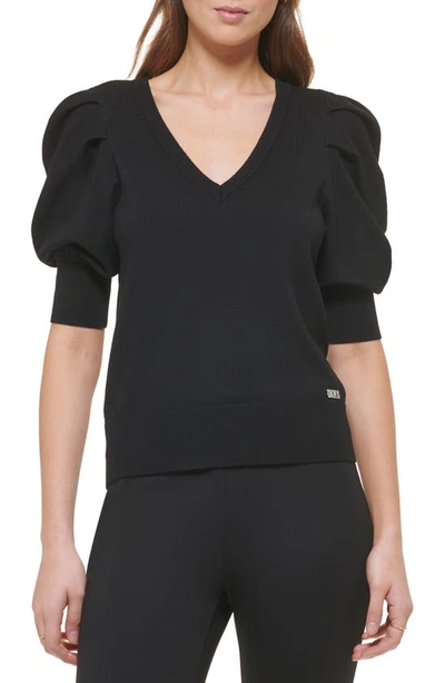 DKNY DKNY PUFF SLEEVE V-NECK SWEATER