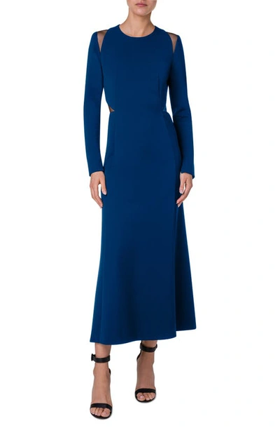 AKRIS CUTOUT DETAIL LONG SLEEVE STRETCH SILK MIDI DRESS