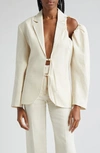 Jacquemus Linen Blazer Jacket With Off-shoulder Puff Sleeve In Off-white