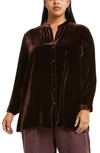 Eileen Fisher Band-collar Button-down Velvet Shirt In Dark Purple