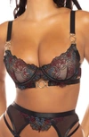 Oh La La Cheri Azalea Embroidered Mesh Underwire Bra, Garter Belt & G-string Set In Cheri Holiday